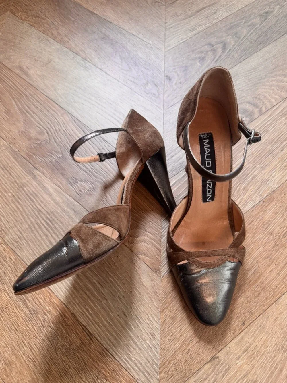 Maud Frizon Paris Vintage Suede D'Orsay Heels Metallic Toe 37